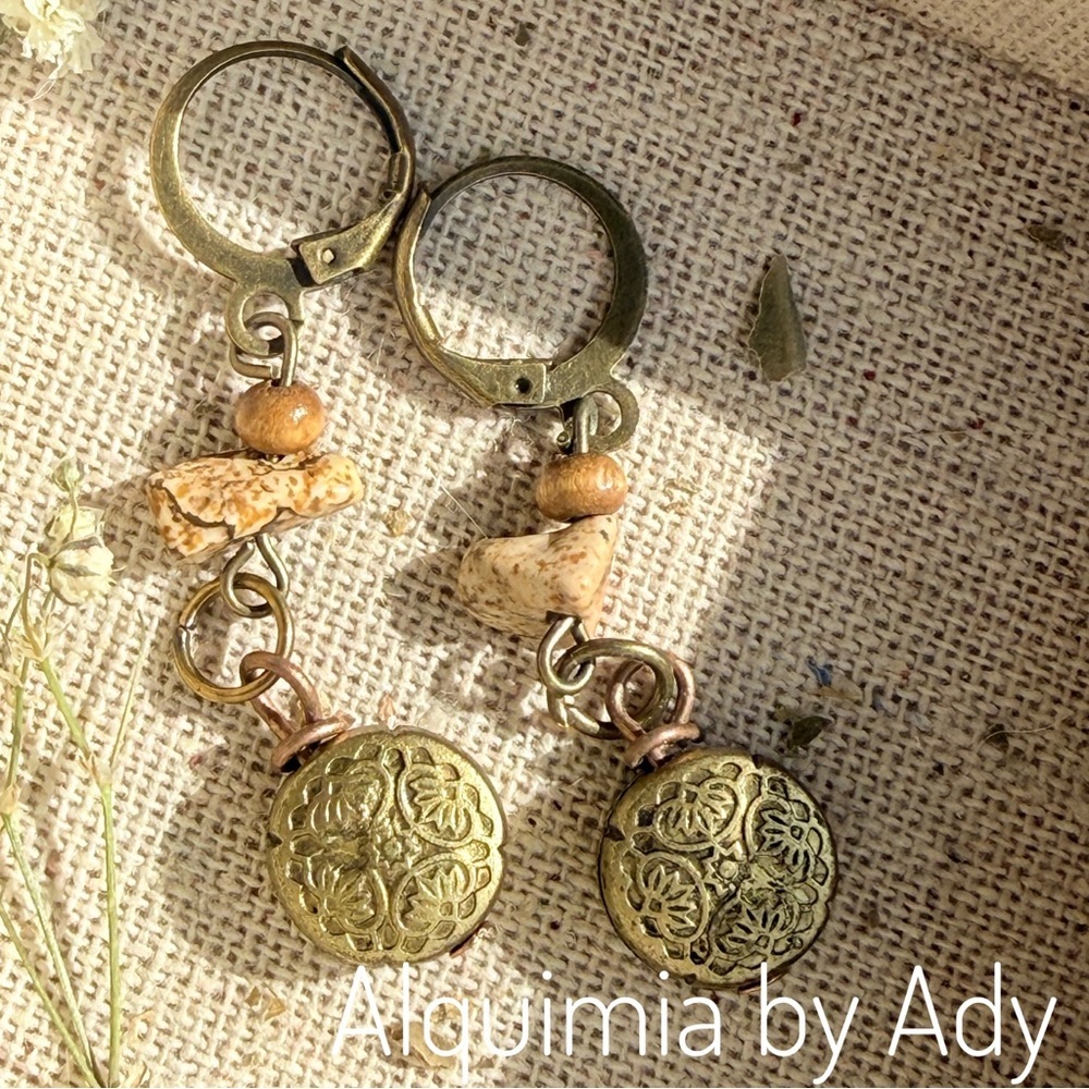 Boho Wood & Jasper Bronze Earrings – Earthy Neutral Dangles